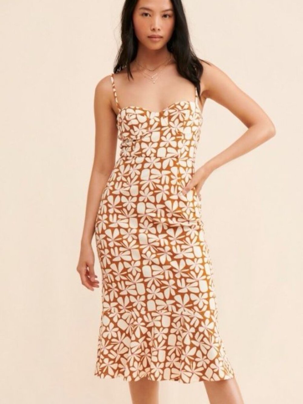 NWT Anthroplogie Hutch Floral Slim Midi Summer Lined Dress Size L Cream Brown